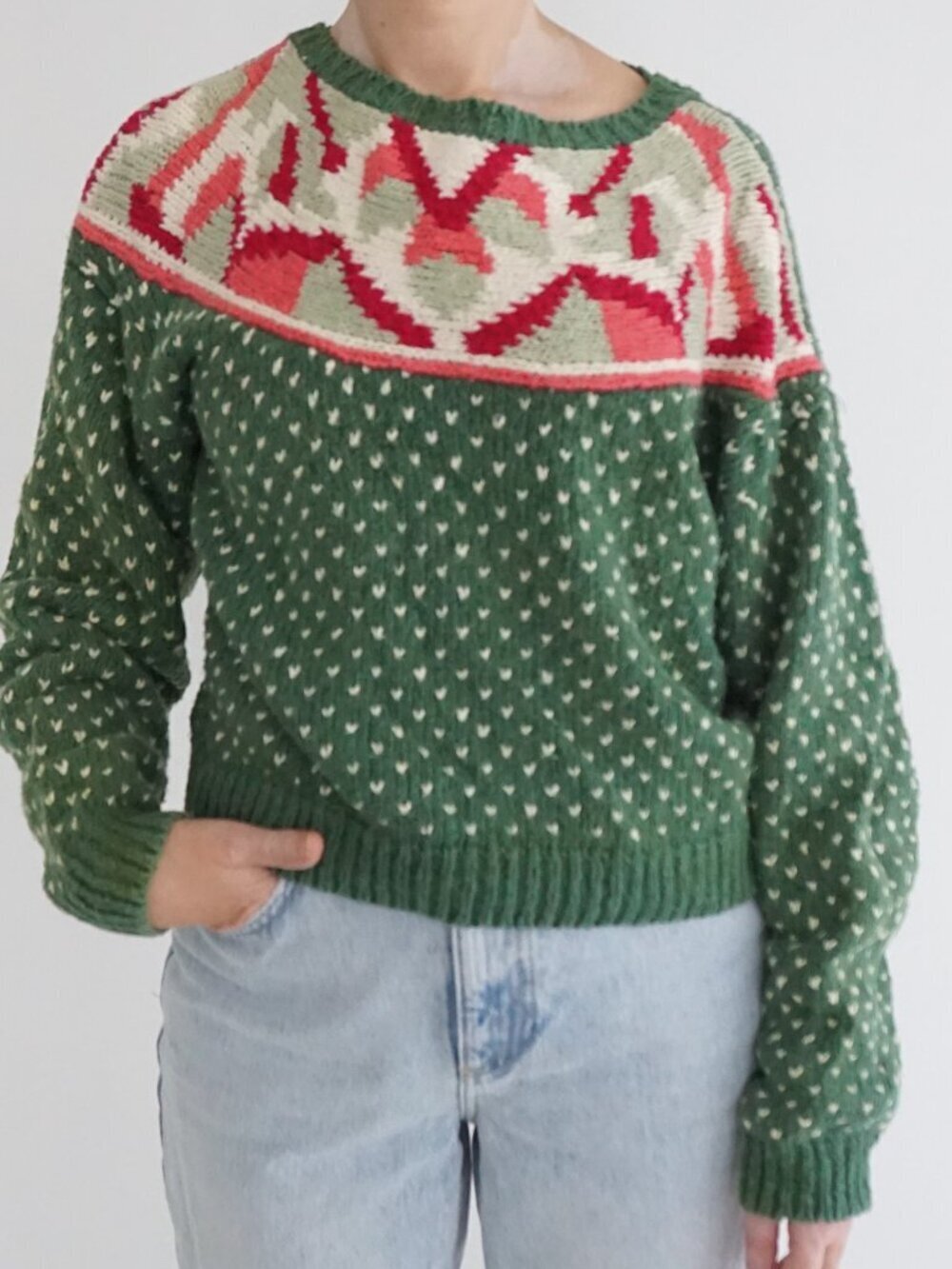 Vintage Jeanne Pierre Green Fair Isle Scandinavian Knit Pattern Cotton Sweater S
